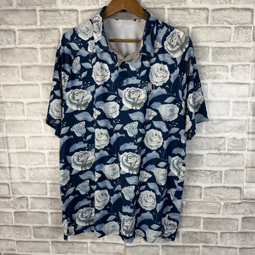 UNRL Barstool Sports Transfusion Polo Shirt Men Navy Blue Floral Golf XL Stretch